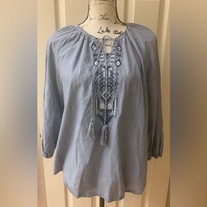 D B Established 1962 Chambray Embroidered Peasant Top